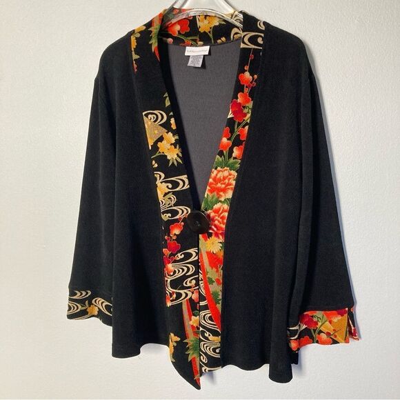 Soft Surroundings Jacket Topper Women Medium Asian Inspired Red Black Crepe Boho - Picture 1 of 8